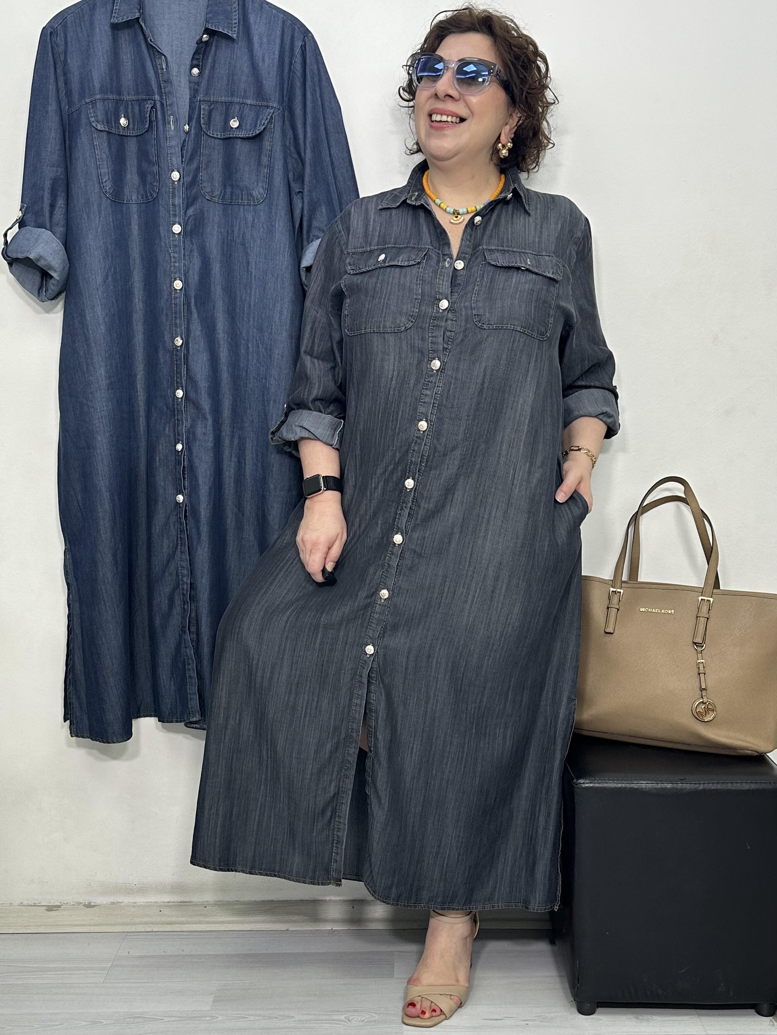 Rocco Tencel Denim Gömlek Elbise Antrasit