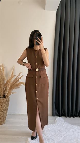Aisa Gold Kemerli Midi Elbise Kahve