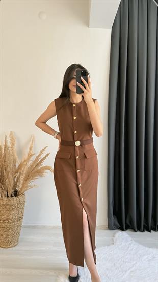 Aisa Gold Kemerli Midi Elbise Kahve