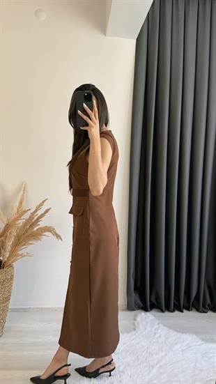Aisa Gold Kemerli Midi Elbise Kahve