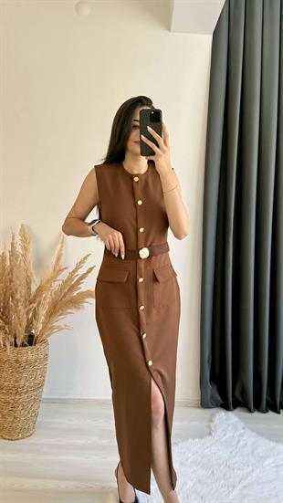 Aisa Gold Kemerli Midi Elbise Kahve