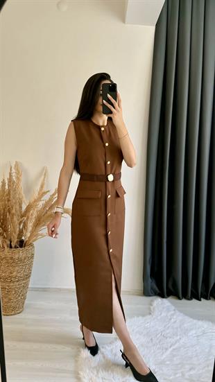 Aisa Gold Kemerli Midi Elbise Kahve
