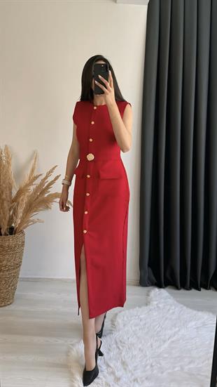 Aisa Gold Kemerli Midi Elbise Kırmızı