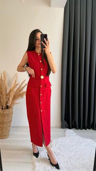 Aisa Gold Kemerli Midi Elbise Kırmızı