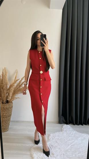 Aisa Gold Kemerli Midi Elbise Kırmızı