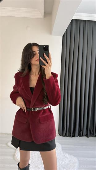 Aisha Bordo Dokulu Premium Kemerli Blazer