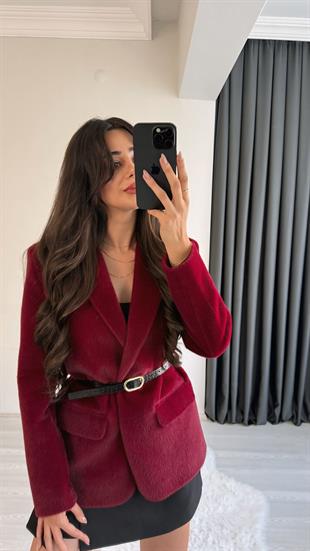 Aisha Bordo Dokulu Premium Kemerli Blazer