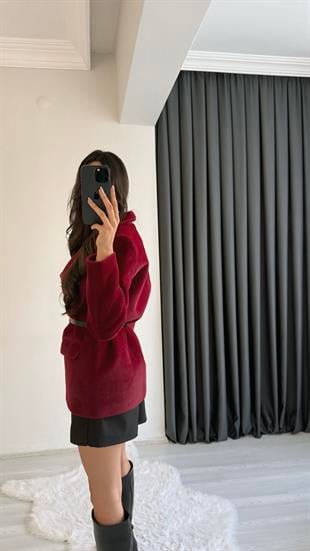 Aisha Bordo Dokulu Premium Kemerli Blazer