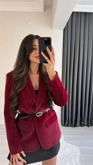Aisha Bordo Dokulu Premium Kemerli Blazer