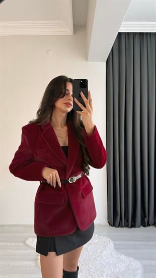 Aisha Bordo Dokulu Premium Kemerli Blazer