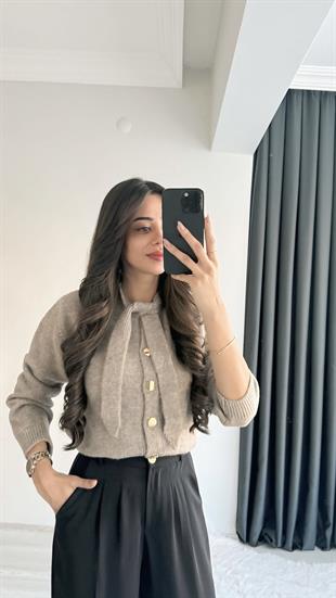 Akra Açık Vizon Melanj Önü Bağlamalı Hırka