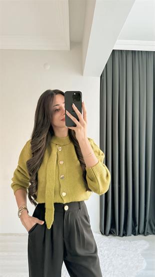 Akra Yağ Yeşili Melanj Önü Bağlamalı Hırka