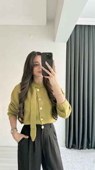 Akra Yağ Yeşili Melanj Önü Bağlamalı Hırka
