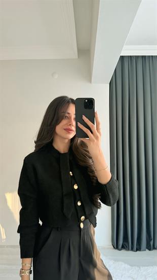 Akra Siyah Melanj Önü Bağlamalı Hırka