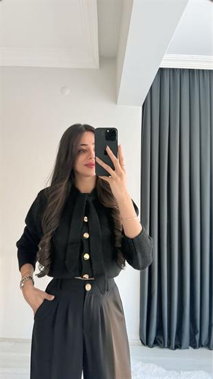 Akra Siyah Melanj Önü Bağlamalı Hırka