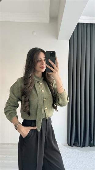Akra Yeşil Melanj Önü Bağlamalı Hırka