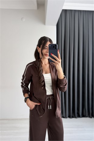 Amara Modal Kumaş Logolu Dikişli Eşofman Takımı Kahve