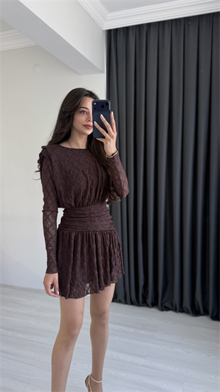 Ametis Dantelli Drapeli Kahve Mini Elbise