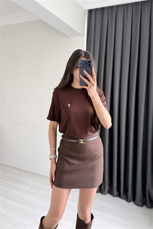 Amia Bisiklet Yaka Kısa Kollu Kahve Tshirt