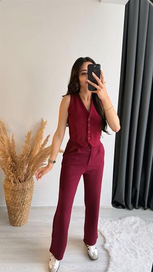 Aneta Beli Düğmeli Likralı Palazzo Bordo Pantalon 