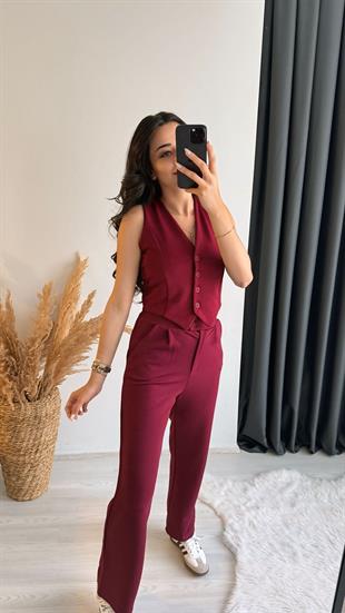 Aneta Beli Düğmeli Likralı Palazzo Bordo Pantalon 
