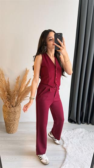 Aneta Beli Düğmeli Likralı Palazzo Bordo Pantalon 