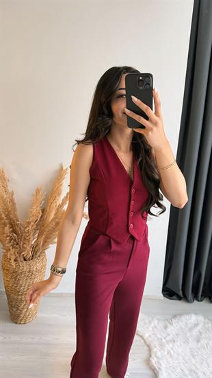 Aneta Beli Düğmeli Likralı Palazzo Bordo Pantalon 