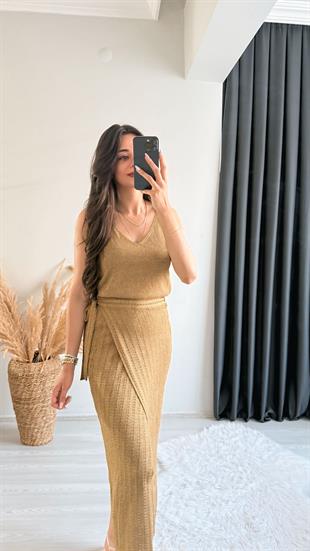 Angelina Triko Haki Simli Etek Bluz Takım