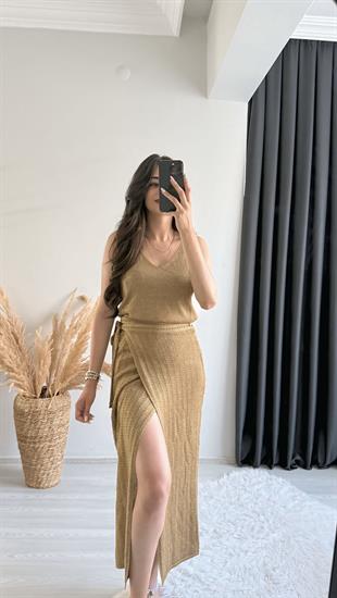 Angelina Triko Haki Simli Etek Bluz Takım