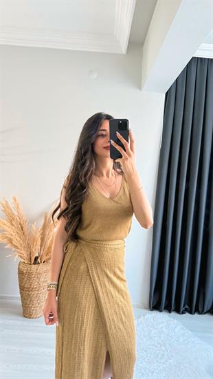 Angelina Triko Haki Simli Etek Bluz Takım