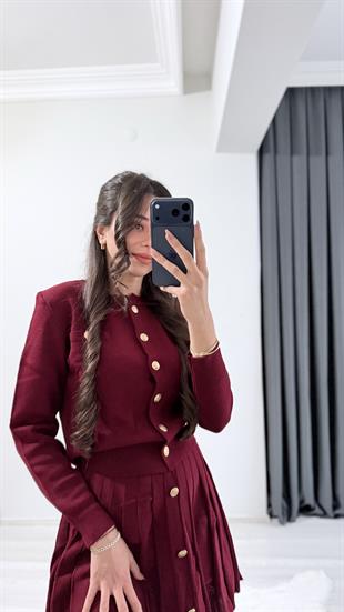 Asal Çelik Dokuma Gold Düğmeli Triko Etek Kazak Takım Bordo