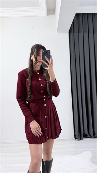 Asal Çelik Dokuma Gold Düğmeli Triko Etek Kazak Takım Bordo
