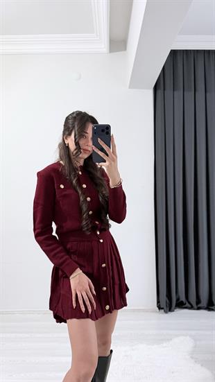 Asal Çelik Dokuma Gold Düğmeli Triko Etek Kazak Takım Bordo