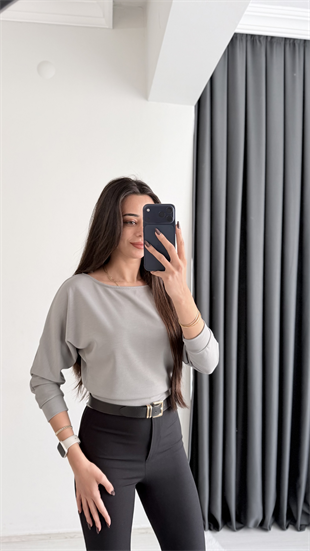 Avena Oysh Modal Kayık Yaka Likralı Bluz Gri