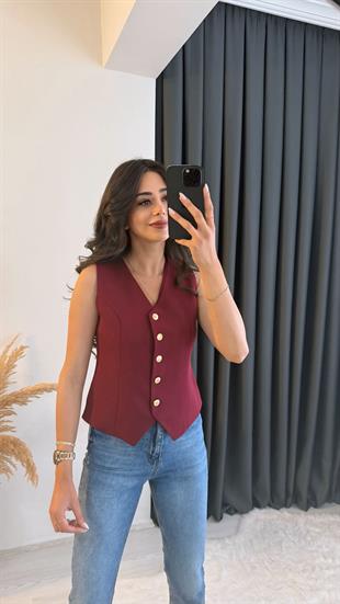 Balena Premium Seri Gold Düğmeli Yelek Bordo