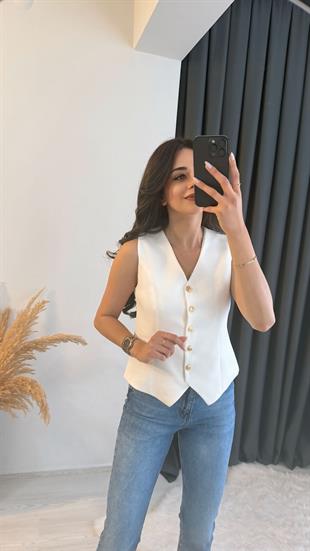 Balena Premium Seri Gold Düğmeli Yelek Beyaz