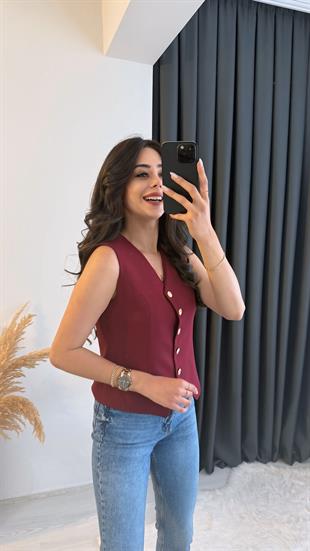Balena Premium Seri Gold Düğmeli Yelek Bordo