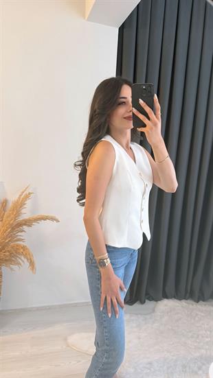 Balena Premium Seri Gold Düğmeli Yelek Beyaz