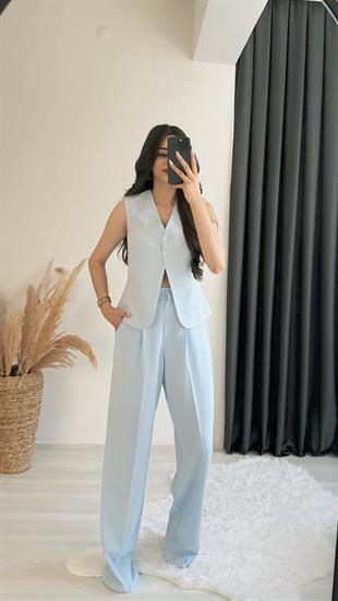 Beauty Beli Düğmeli Kumaş Pantalon Mavi