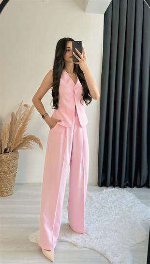 Beauty Beli Düğmeli Kumaş Pantalon Pembe