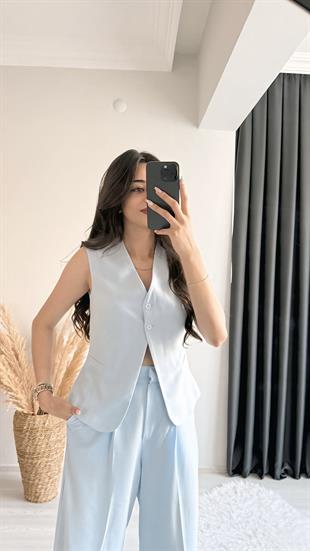 Beauty İki Düğmeli Mavi Keten Kumaş Yelek