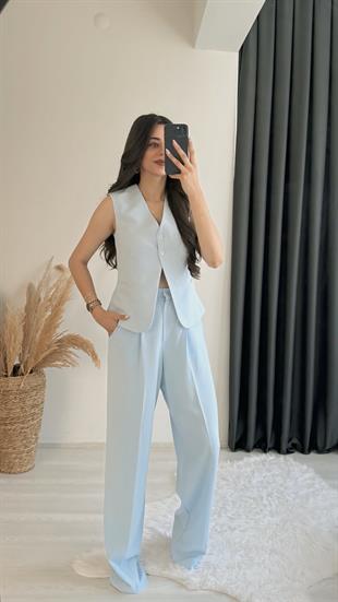 Beauty İki Düğmeli Mavi Keten Kumaş Yelek