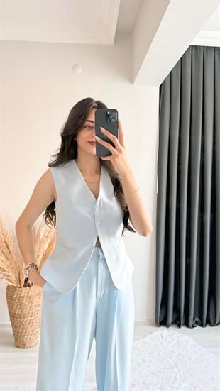 Beauty İki Düğmeli Mavi Keten Kumaş Yelek