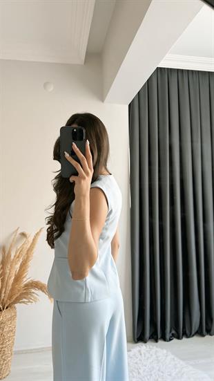 Beauty İki Düğmeli Mavi Keten Kumaş Yelek