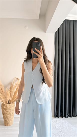 Beauty İki Düğmeli Mavi Keten Kumaş Yelek