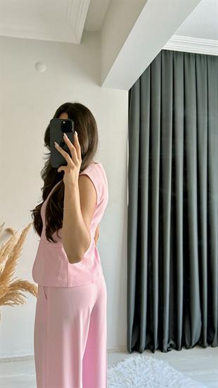 Beauty İki Düğmeli Pembe Keten Kumaş Yelek
