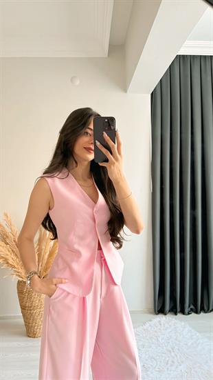 Beauty İki Düğmeli Pembe Keten Kumaş Yelek