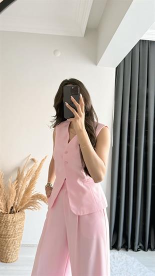 Beauty İki Düğmeli Pembe Keten Kumaş Yelek