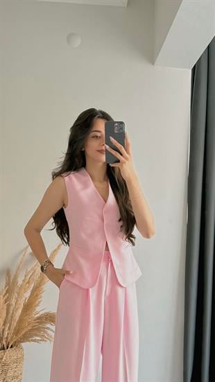 Beauty İki Düğmeli Pembe Keten Kumaş Yelek