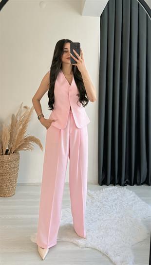 Beauty İki Düğmeli Pembe Keten Kumaş Yelek